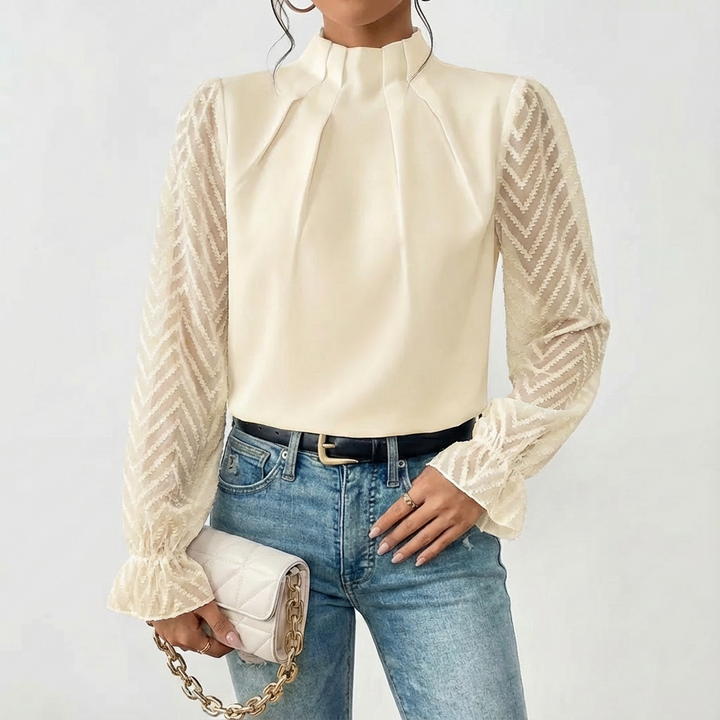 Lucia | Blusa Mujer Con Cuello Alto Fruncido Y Mangas De Encaje | Elegante