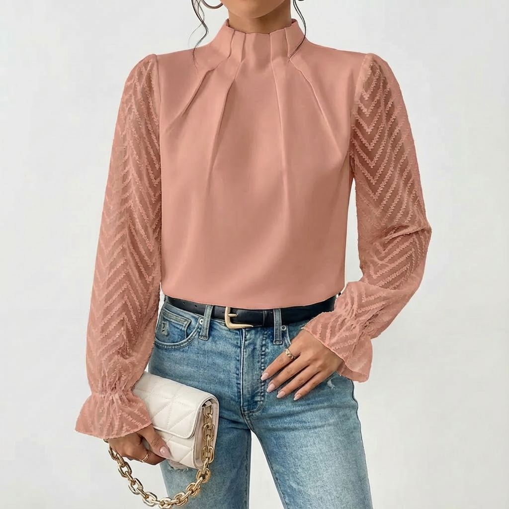 Lucia | Blusa Mujer Con Cuello Alto Fruncido Y Mangas De Encaje | Elegante