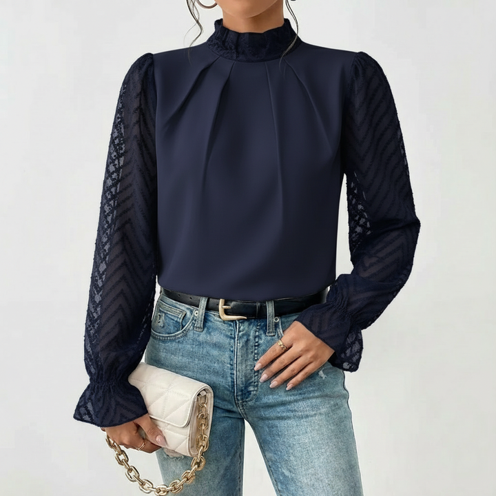Lucia | Blusa Mujer Con Cuello Alto Fruncido Y Mangas De Encaje | Elegante
