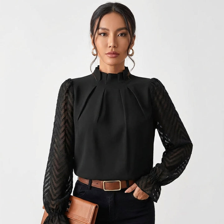 Lucia | Blusa Mujer Con Cuello Alto Fruncido Y Mangas De Encaje | Elegante