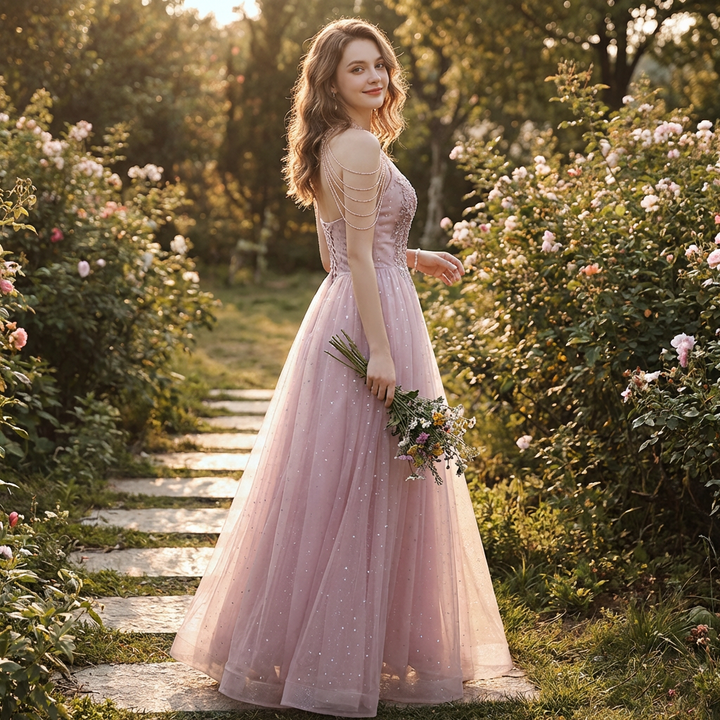 Lucia | Mujer Rosa Vestido De Fiesta Con Encaje Floral Y Tul Brillante | Elegante