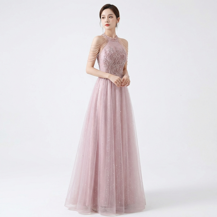 Lucia | Mujer Rosa Vestido De Fiesta Con Encaje Floral Y Tul Brillante | Elegante