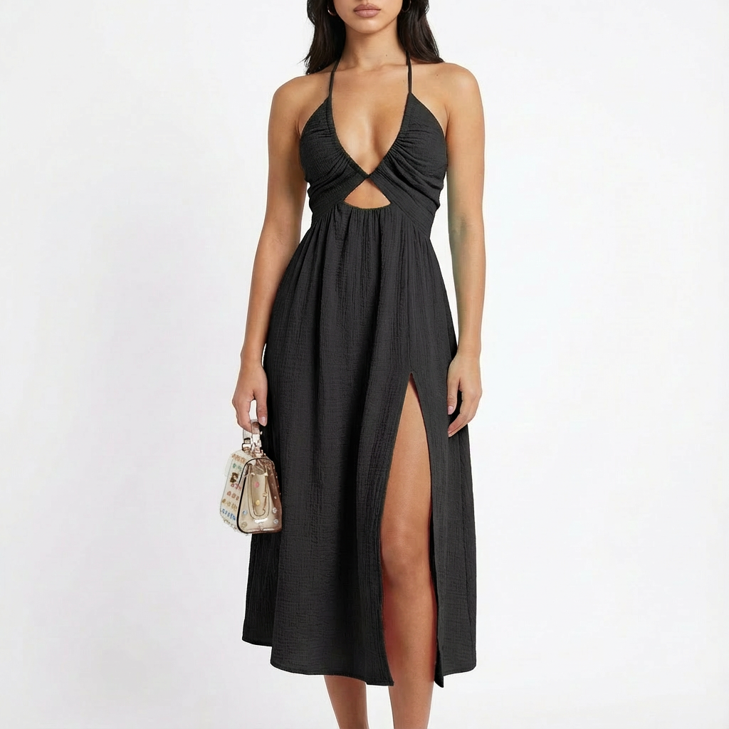 Lucia | Mujer Vestido Midi Con Escote Halter Y Abertura Lateral | Boho