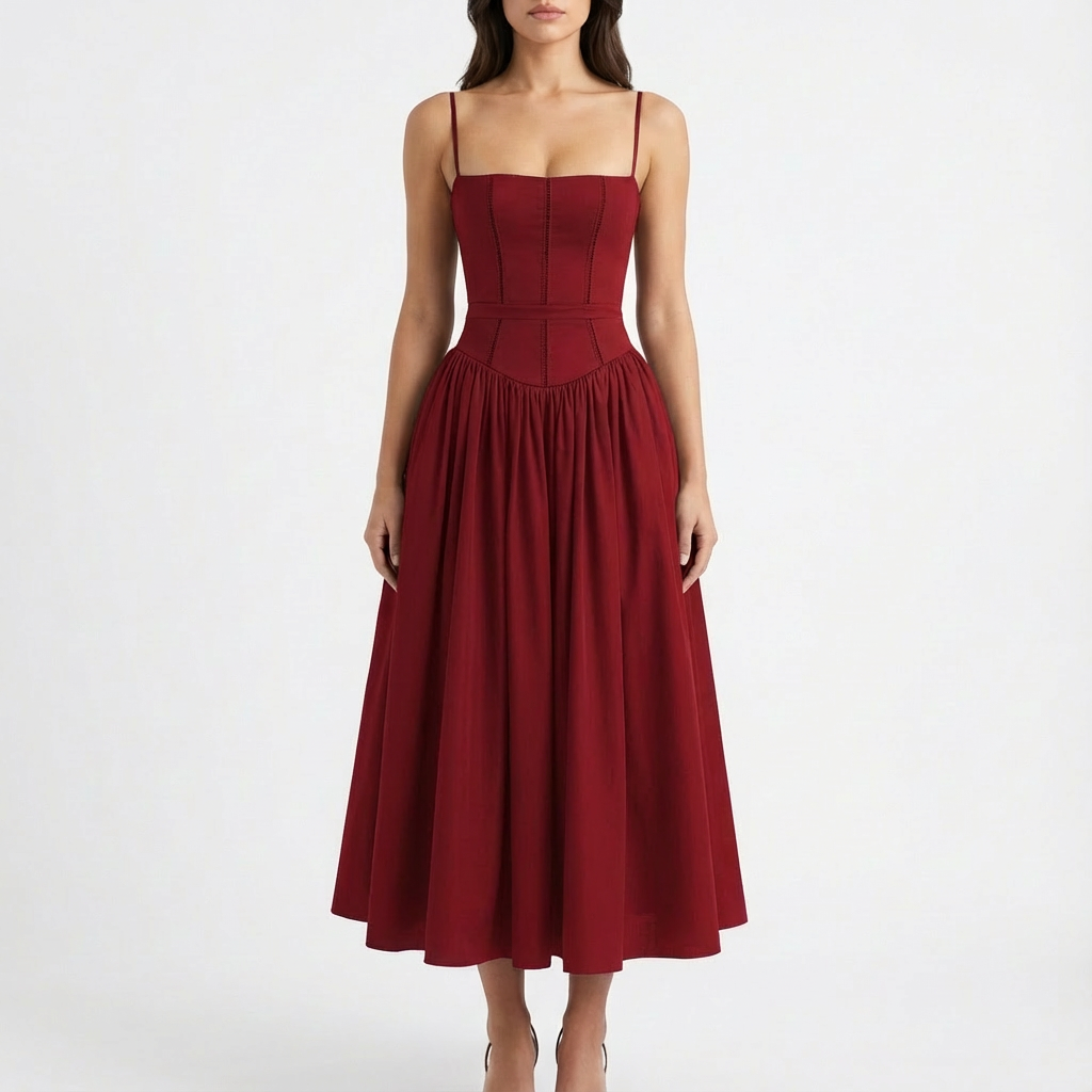 Lucia | Mujer Vestido Midi Con Corsé Estructurado Y Falda Plisada | Romántico