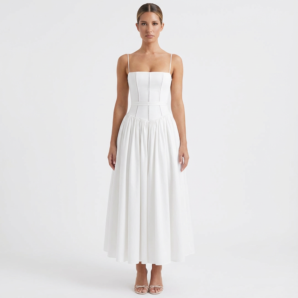 Lucia | Mujer Vestido Midi Con Corsé Estructurado Y Falda Plisada | Romántico