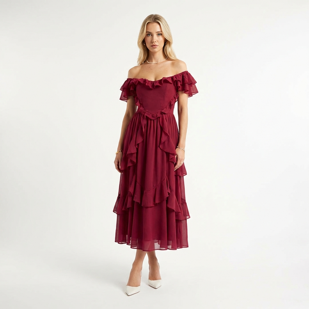 Lucia | Mujer Vestido Midi Con Escote Bardot Y Volantes En Cascada | Romántico