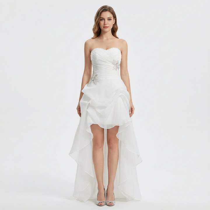 Lucia | Mujer Blanco Vestido Novia Asimétrico Con Escote Corazón Y Apliques Cristal | Glamuroso