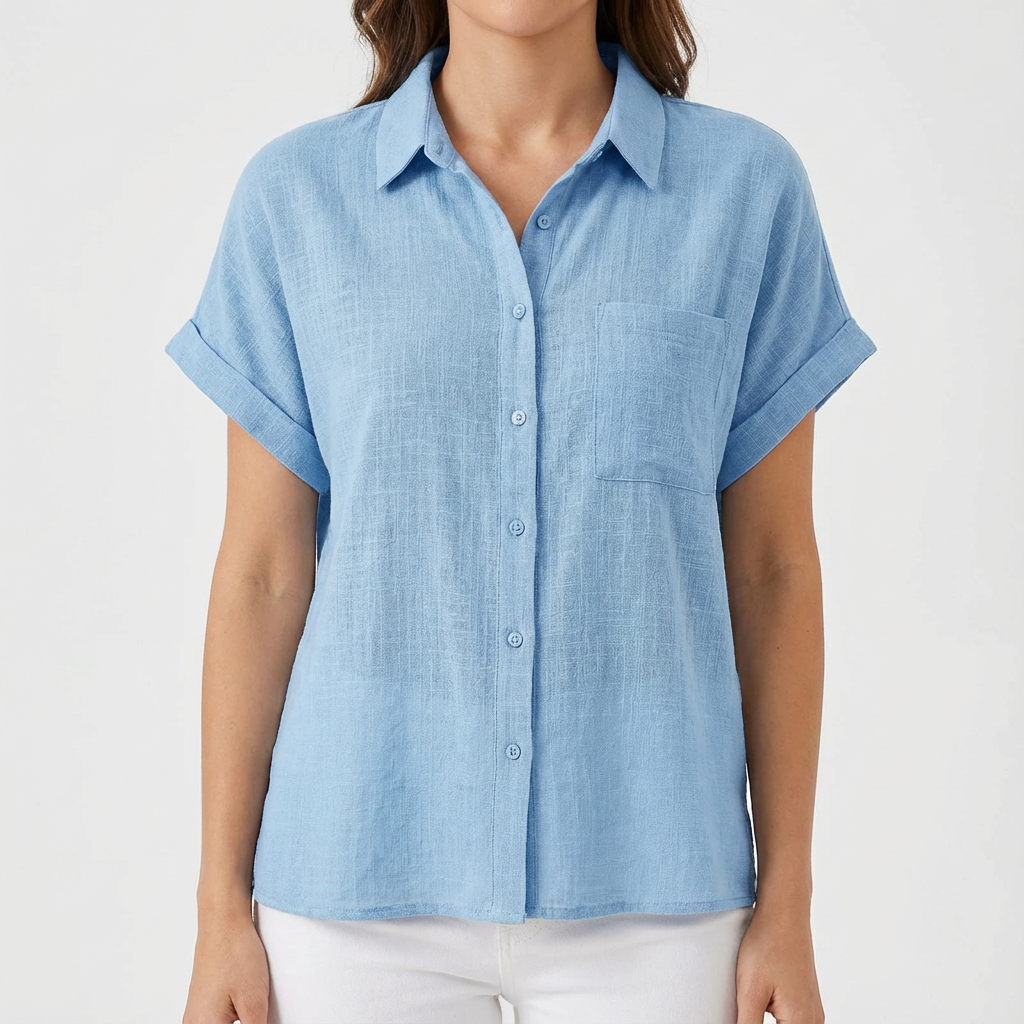 Luna | Camisa Mujer Con Manga Corta Enrollada Y Bolsillo | Casual