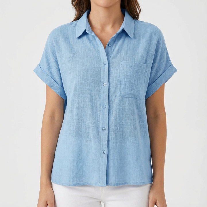 Luna | Camisa Mujer Con Manga Corta Enrollada Y Bolsillo | Casual