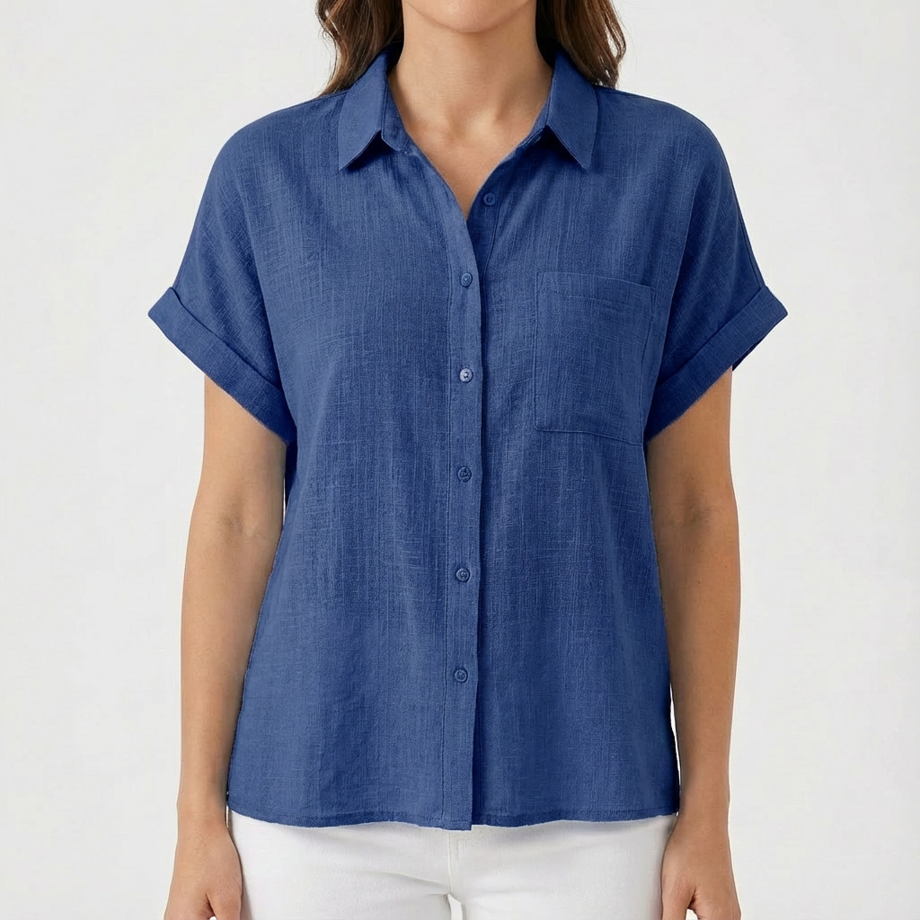 Luna | Camisa Mujer Con Manga Corta Enrollada Y Bolsillo | Casual