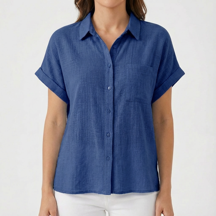 Luna | Camisa Mujer Con Manga Corta Enrollada Y Bolsillo | Casual