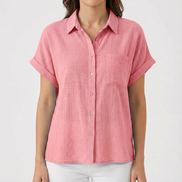 Luna | Camisa Mujer Con Manga Corta Enrollada Y Bolsillo | Casual