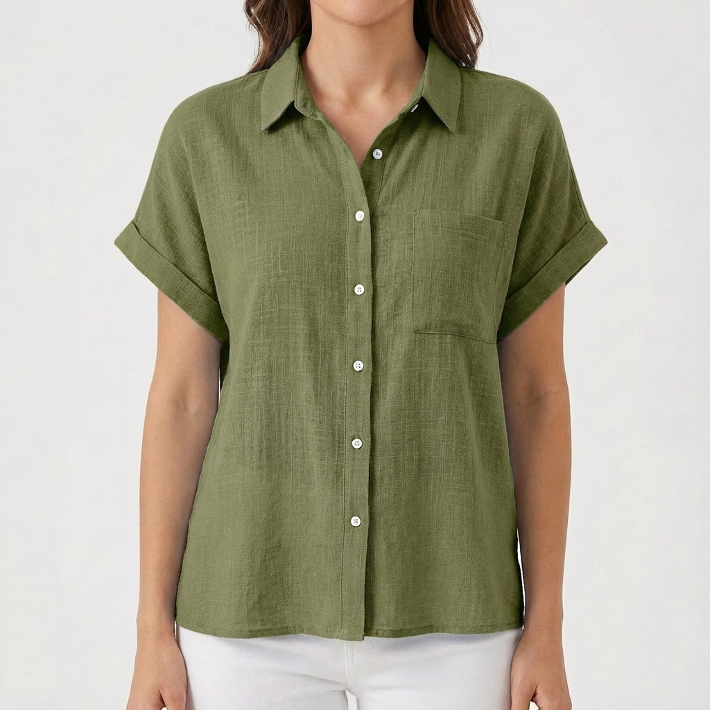 Luna | Camisa Mujer Con Manga Corta Enrollada Y Bolsillo | Casual