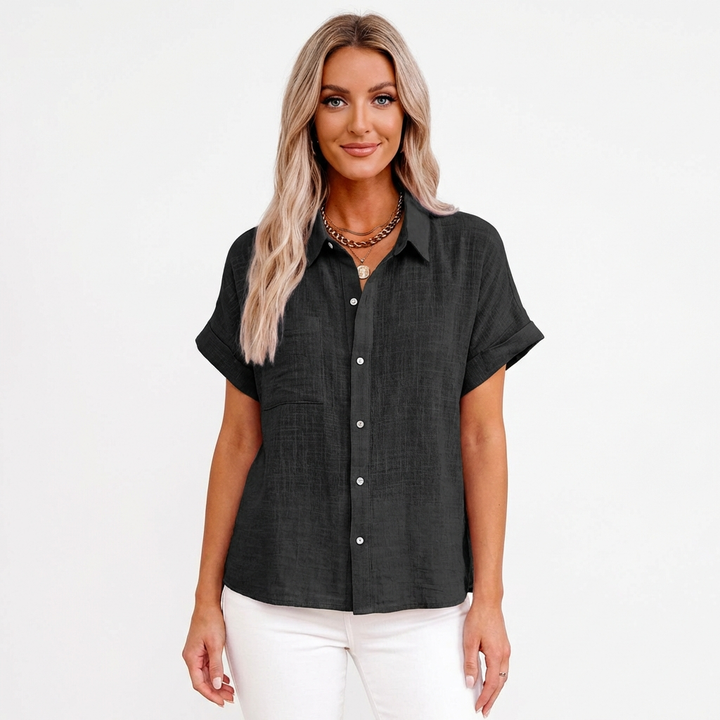 Luna | Camisa Mujer Con Manga Corta Enrollada Y Bolsillo | Casual