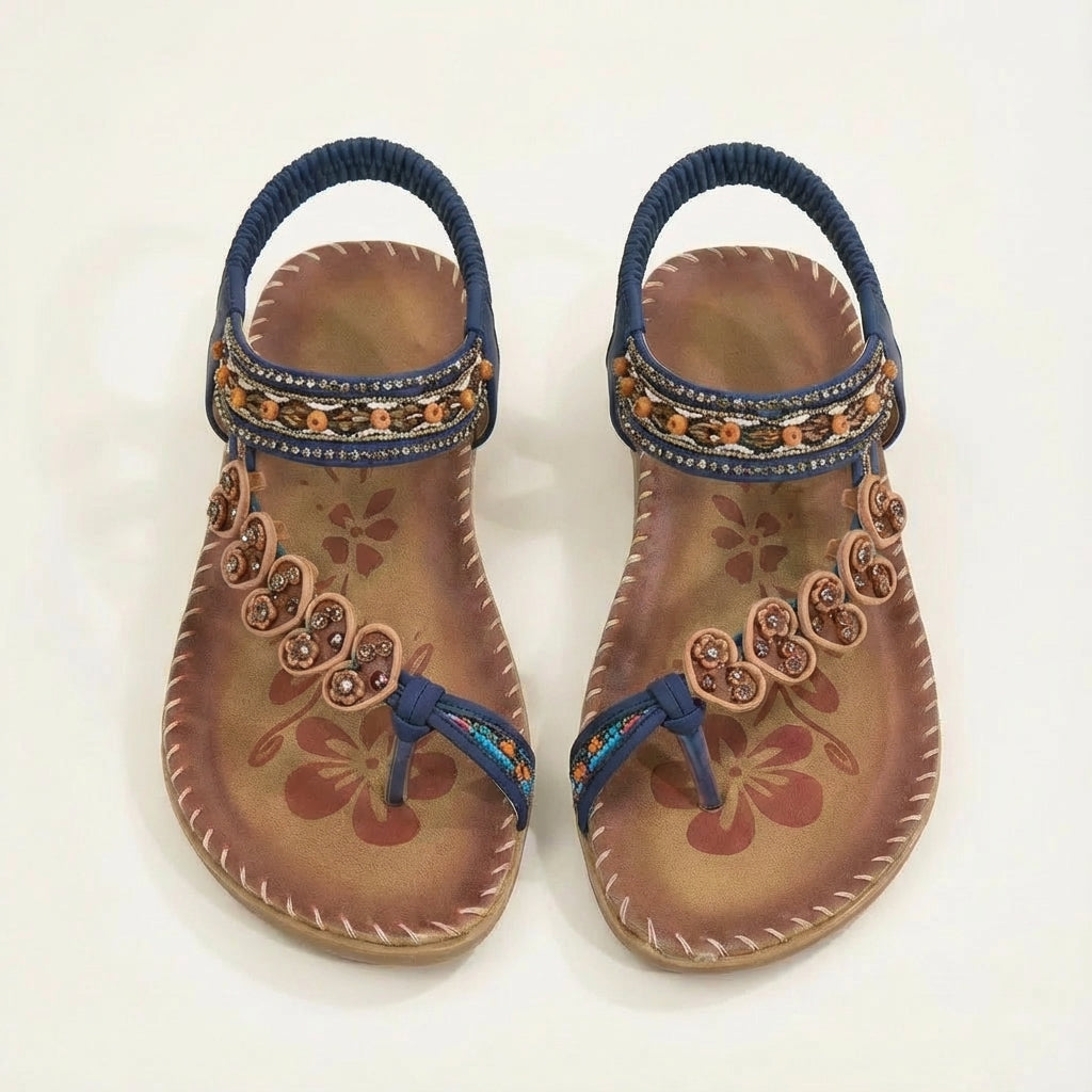 Luna | Mujer Sandalias Planas Con Apliques Florales Y Tiras Con Cuentas | Boho