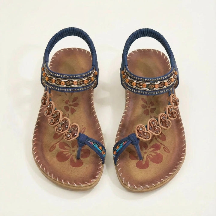 Luna | Mujer Sandalias Planas Con Apliques Florales Y Tiras Con Cuentas | Boho