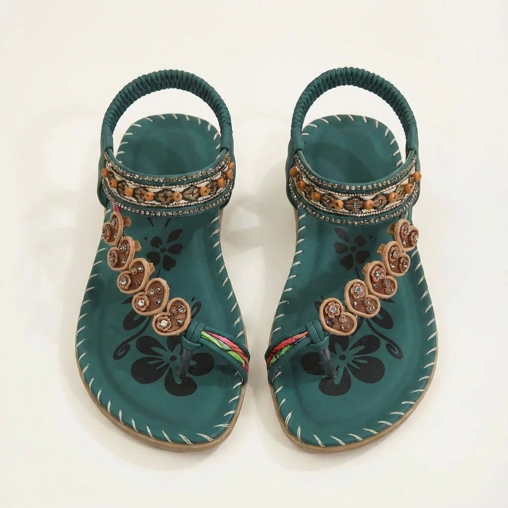 Luna | Mujer Sandalias Planas Con Apliques Florales Y Tiras Con Cuentas | Boho