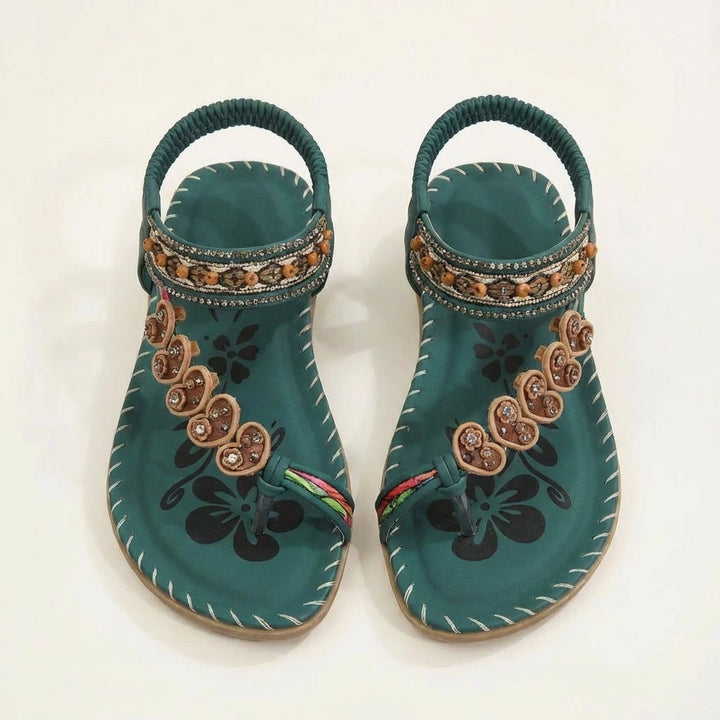 Luna | Mujer Sandalias Planas Con Apliques Florales Y Tiras Con Cuentas | Boho