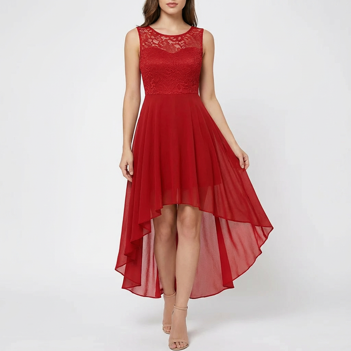 Luna | Mujer Vestido A-Line Con Encaje Bordado Y Bajo Asimétrico | Elegante