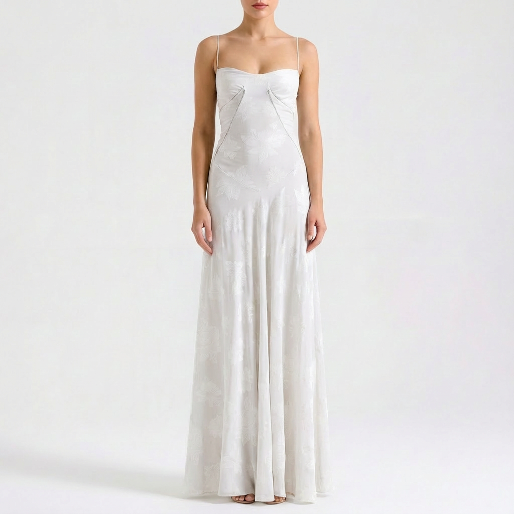 Luna | Mujer Vestido Maxi Con Bordado Floral Y Tirantes Finos | Romántico