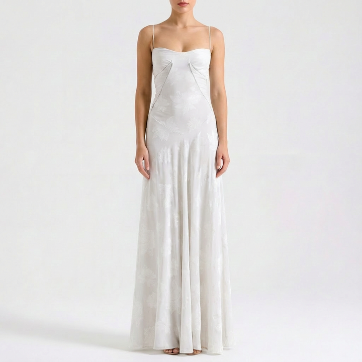 Luna | Mujer Vestido Maxi Con Bordado Floral Y Tirantes Finos | Romántico