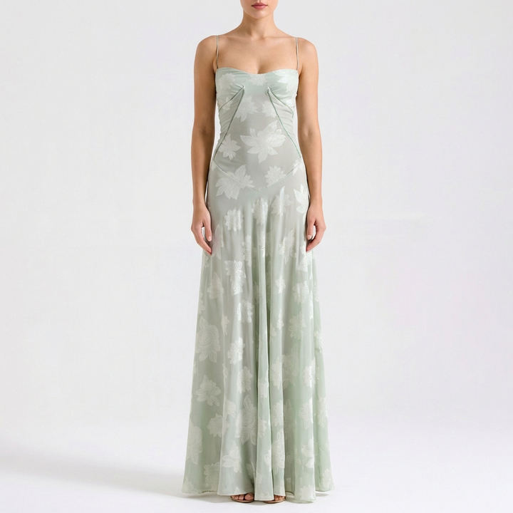 Luna | Mujer Vestido Maxi Con Bordado Floral Y Tirantes Finos | Romántico
