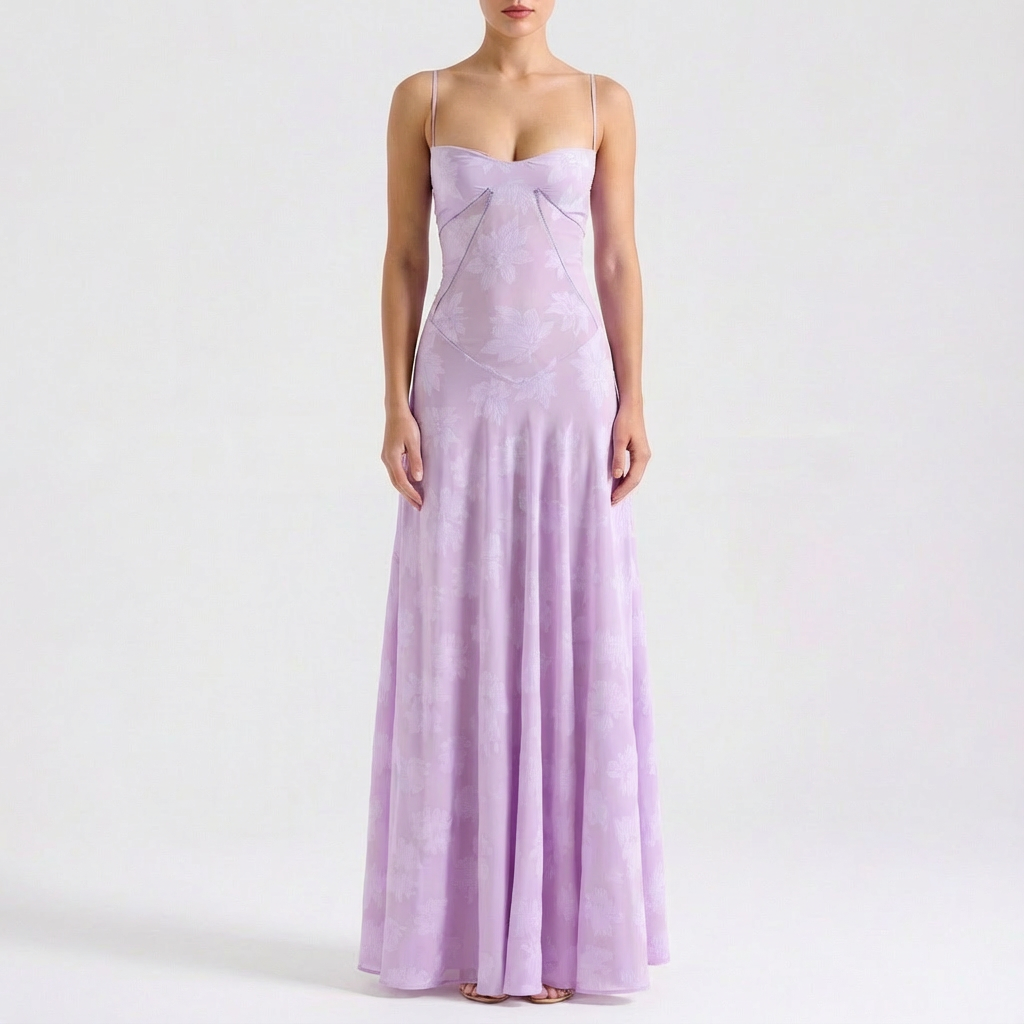 Luna | Mujer Vestido Maxi Con Bordado Floral Y Tirantes Finos | Romántico