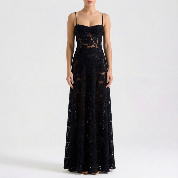 Luna | Mujer Vestido Maxi Con Bordado Floral Y Tirantes Finos | Romántico