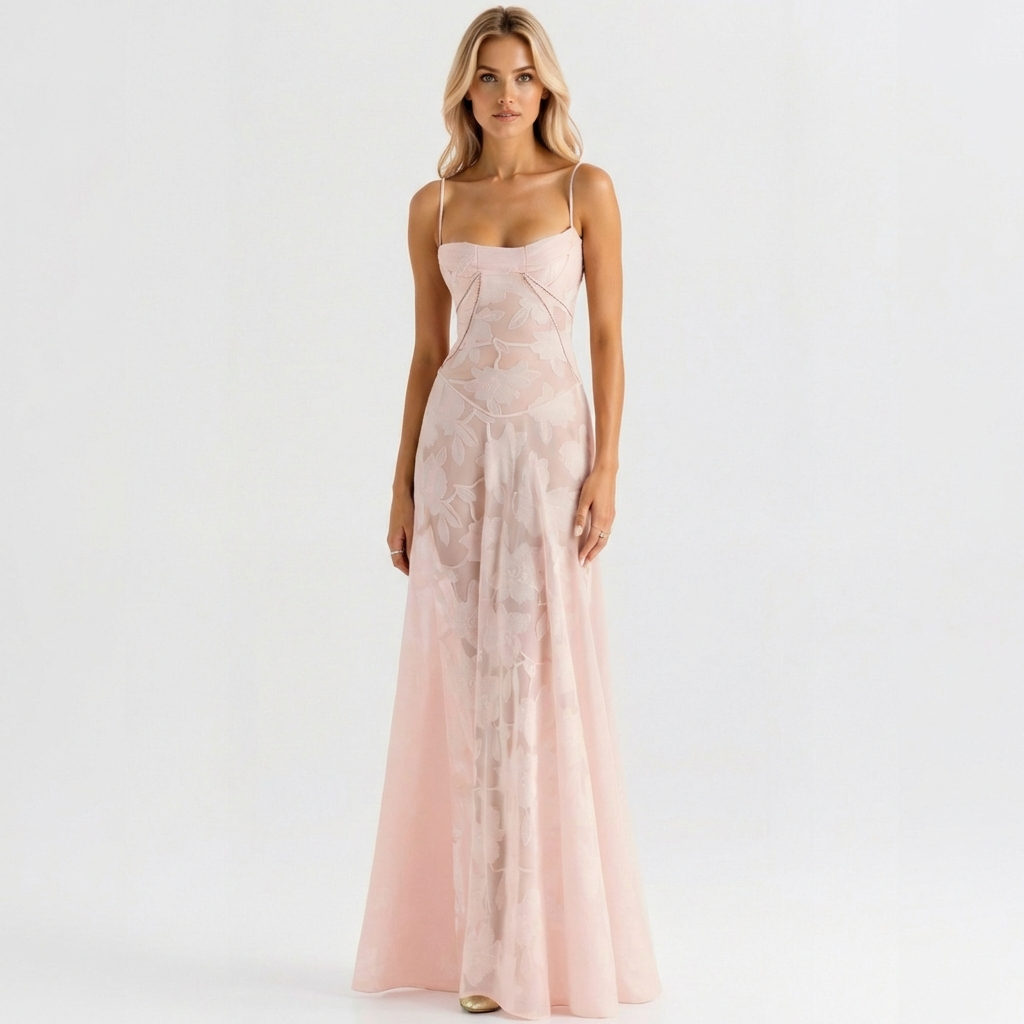 Luna | Mujer Vestido Maxi Con Bordado Floral Y Tirantes Finos | Romántico