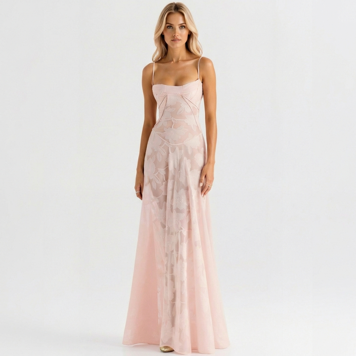 Luna | Mujer Vestido Maxi Con Bordado Floral Y Tirantes Finos | Romántico