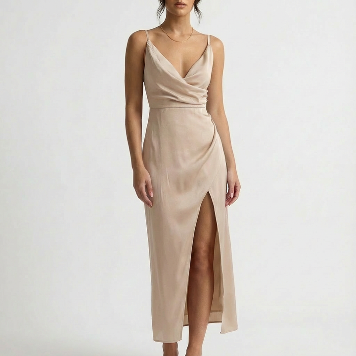 Luna | Mujer Vestido Maxi Con Escote Drapeado Y Abertura Lateral | Sensual