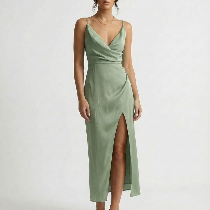 Luna | Mujer Vestido Maxi Con Escote Drapeado Y Abertura Lateral | Sensual
