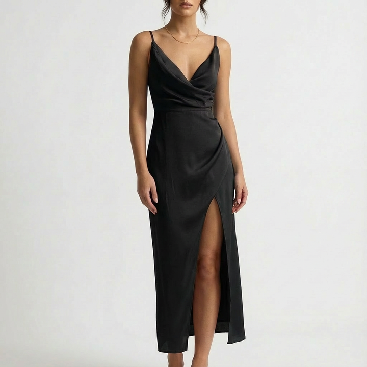 Luna | Mujer Vestido Maxi Con Escote Drapeado Y Abertura Lateral | Sensual