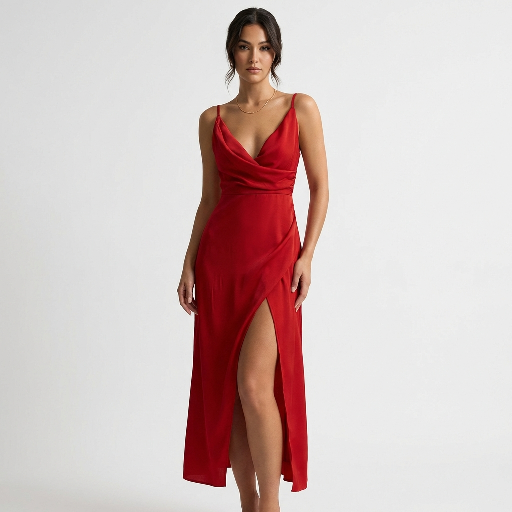 Luna | Mujer Vestido Maxi Con Escote Drapeado Y Abertura Lateral | Sensual