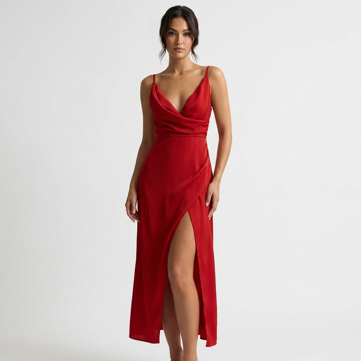 Luna | Mujer Vestido Maxi Con Escote Drapeado Y Abertura Lateral | Sensual