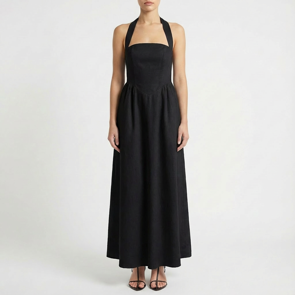 Luna | Mujer Vestido Maxi Con Escote Halter Y Bolsillos Laterales | Elegante