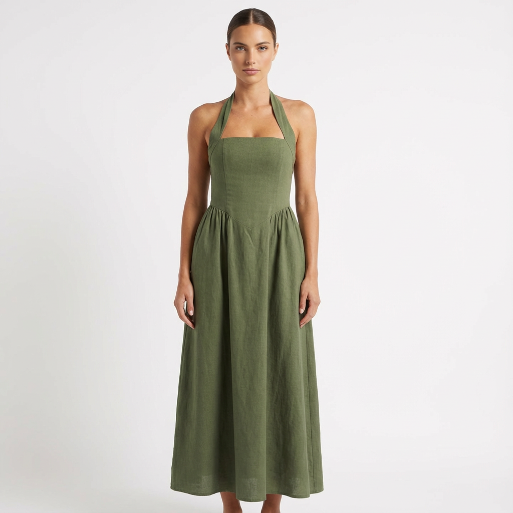 Luna | Mujer Vestido Maxi Con Escote Halter Y Bolsillos Laterales | Elegante