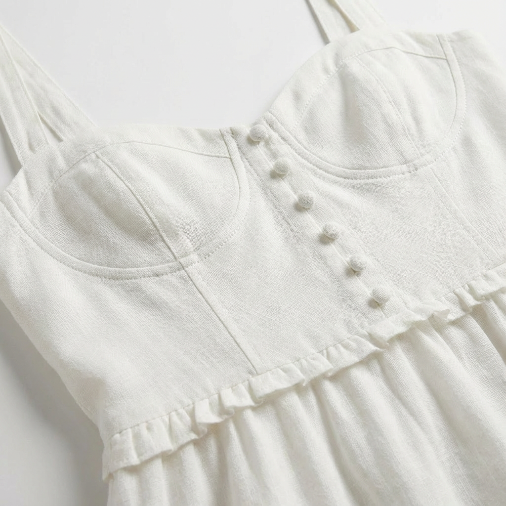 Luna | Mujer Blanco Vestido Midi Con Botonadura Frontal Y Busto Fruncido | Romántico