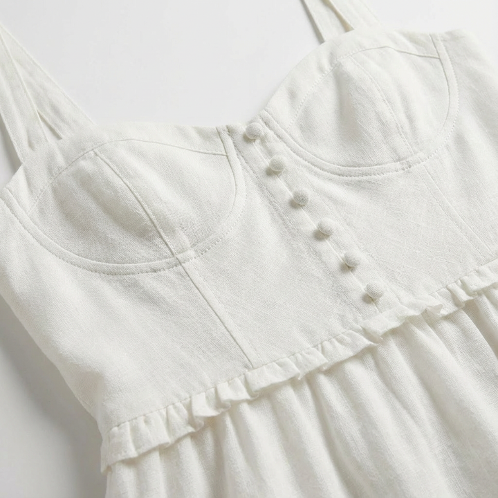 Luna | Mujer Blanco Vestido Midi Con Botonadura Frontal Y Busto Fruncido | Romántico
