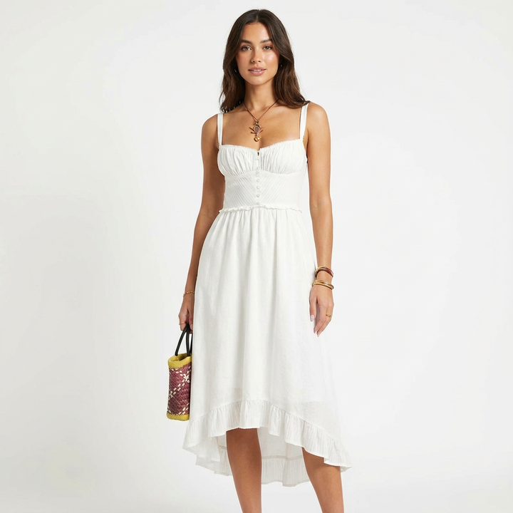 Luna | Mujer Blanco Vestido Midi Con Botonadura Frontal Y Busto Fruncido | Romántico