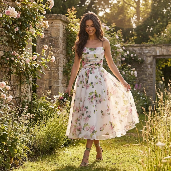 Luna | Mujer Vestido Midi Con Estampado Floral Y Tirantes Finos | Romántico