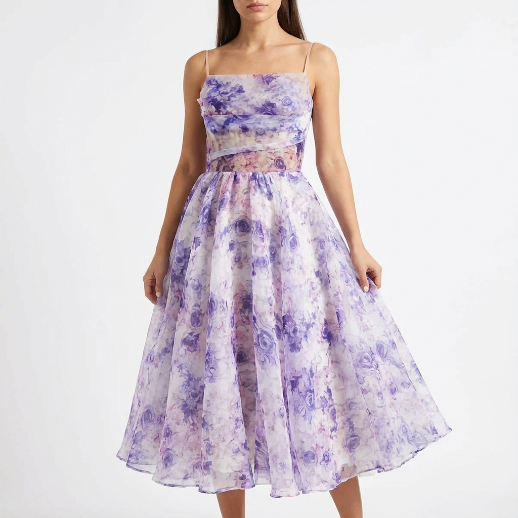 Luna | Mujer Vestido Midi Con Estampado Floral Y Tirantes Finos | Romántico