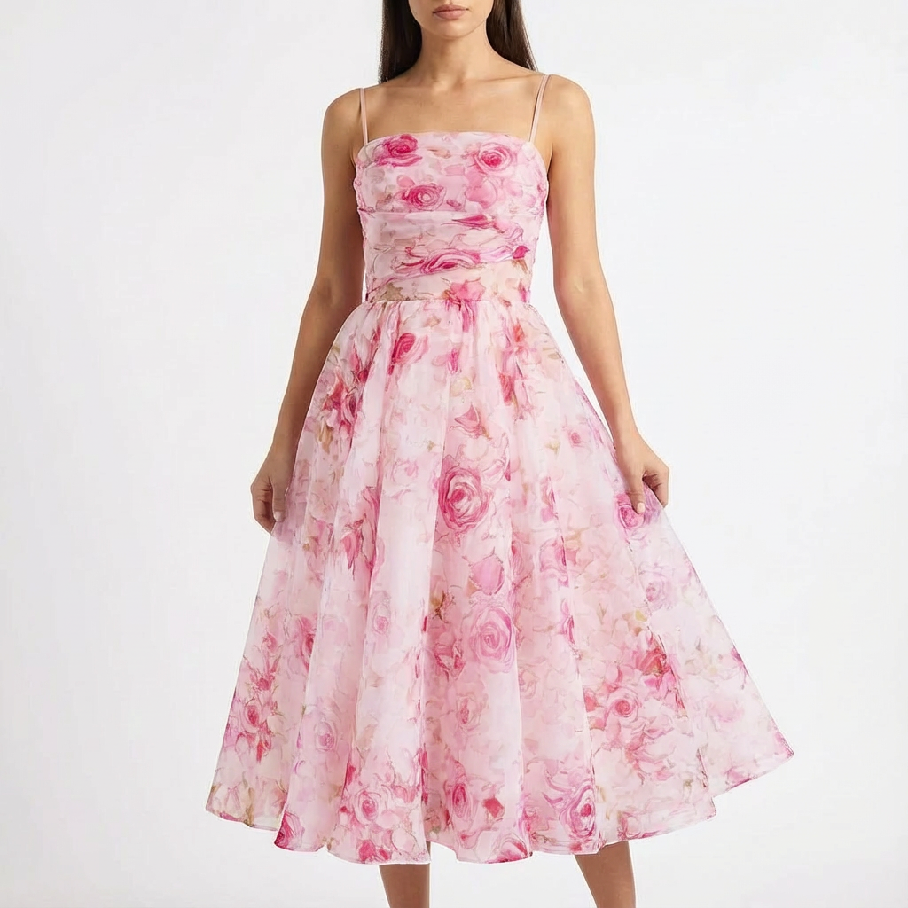 Luna | Mujer Vestido Midi Con Estampado Floral Y Tirantes Finos | Romántico