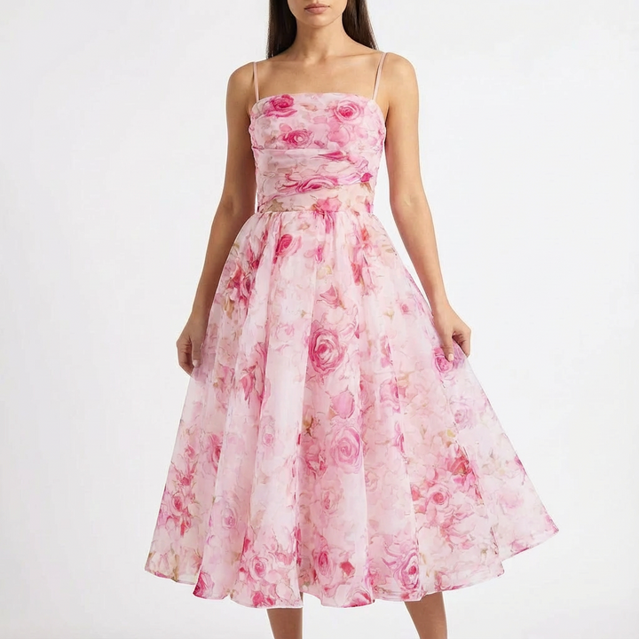 Luna | Mujer Vestido Midi Con Estampado Floral Y Tirantes Finos | Romántico