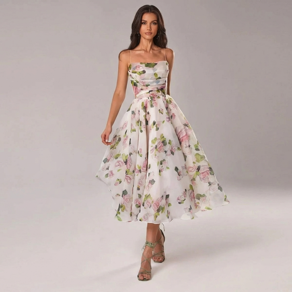 Luna | Mujer Vestido Midi Con Estampado Floral Y Tirantes Finos | Romántico