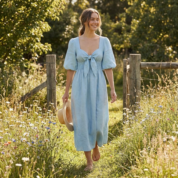 Luna | Mujer Azul claro Vestido Midi Con Mangas Abullonadas Y Cintura Fruncida | Romántico