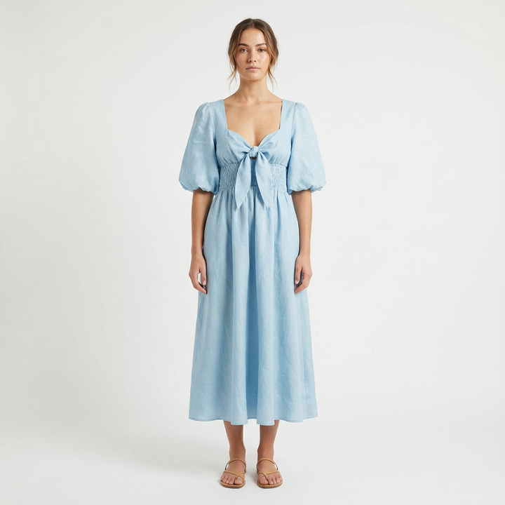 Luna | Mujer Azul claro Vestido Midi Con Mangas Abullonadas Y Cintura Fruncida | Romántico