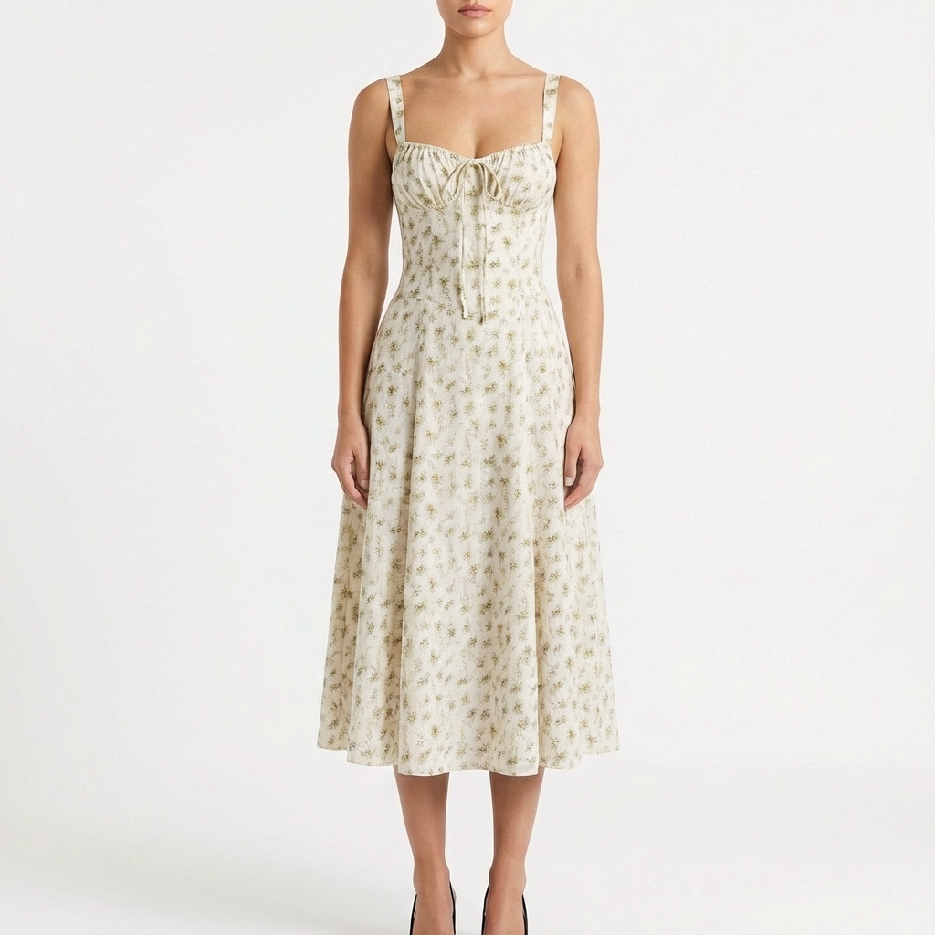 Luna | Mujer Vestido Midi Con Tirantes Finos Y Estampado Floral | Romántico