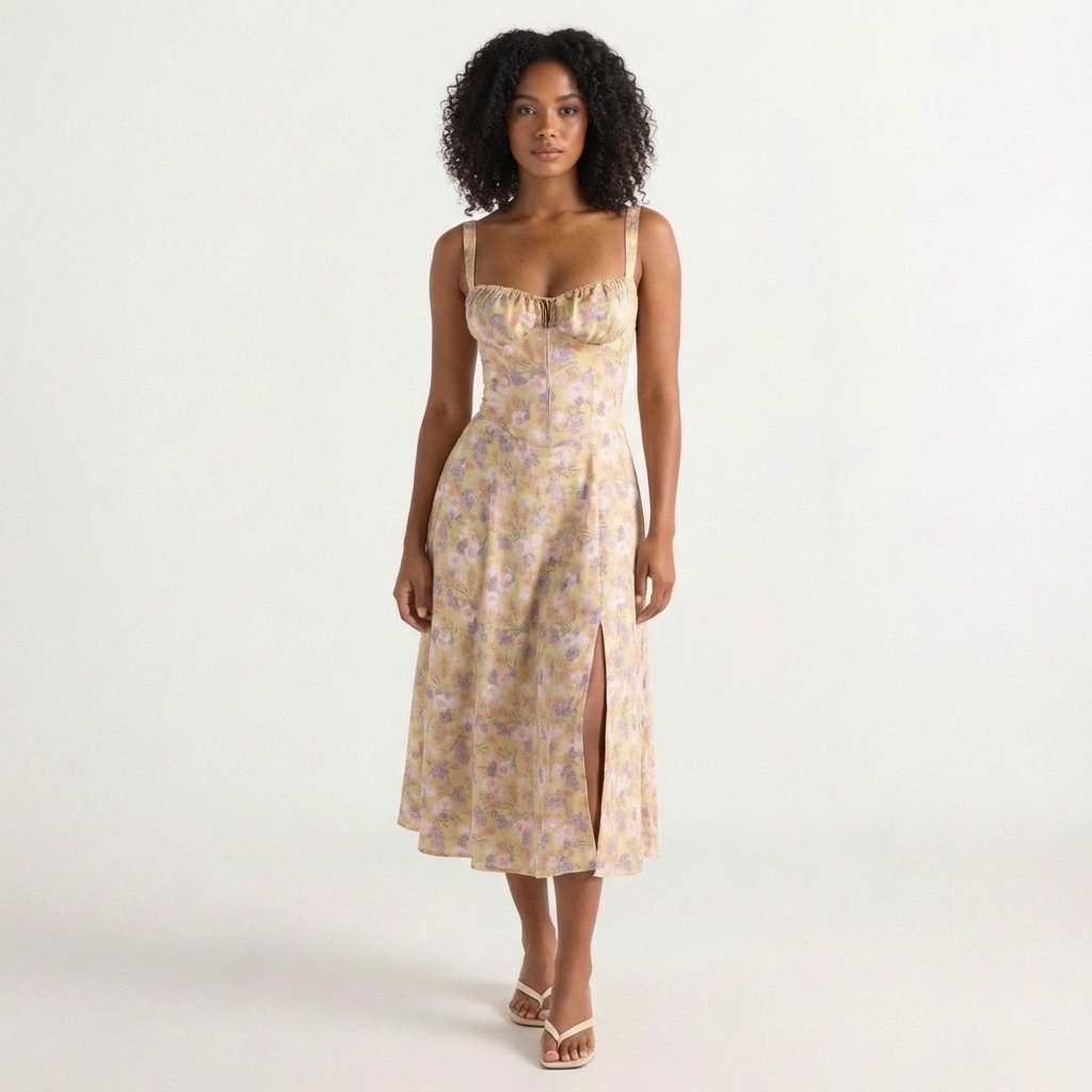 Luna | Mujer Vestido Midi Con Tirantes Finos Y Estampado Floral | Romántico