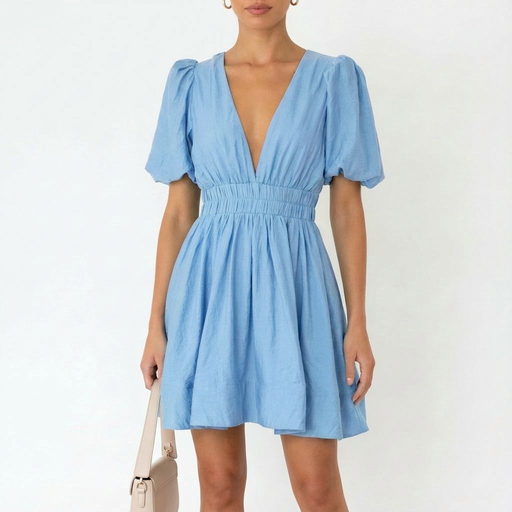 Luna | Mujer Vestido Mini Con Mangas Abullonadas Y Escote En V | Romántico